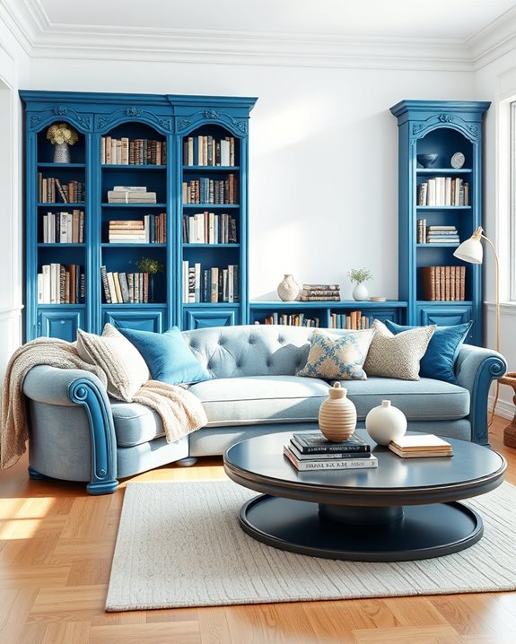 cozy blue bookshelf styling