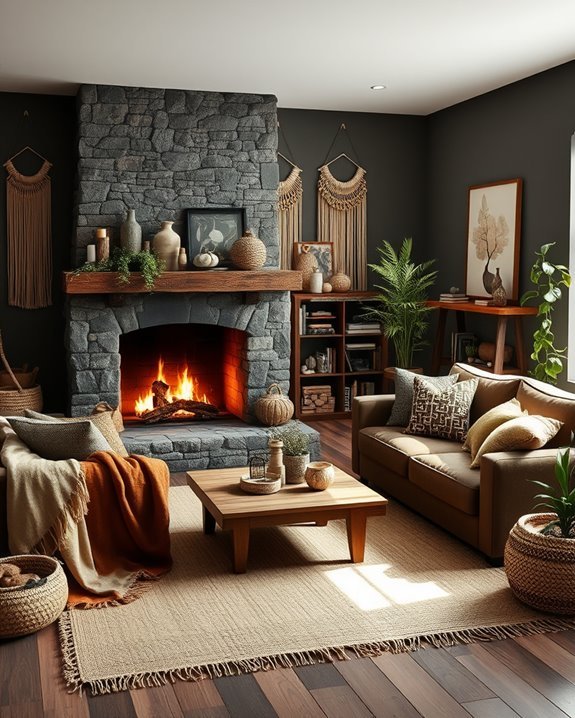 cozy boho fireplace decor