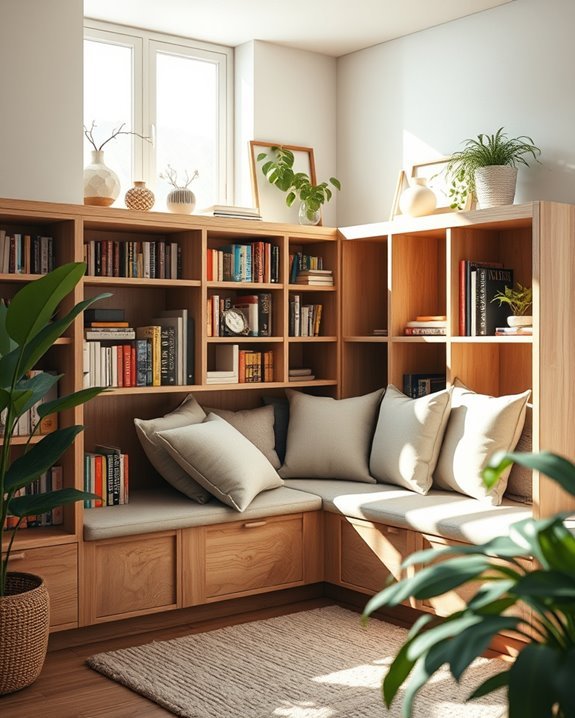 cozy bookshelf seating nook