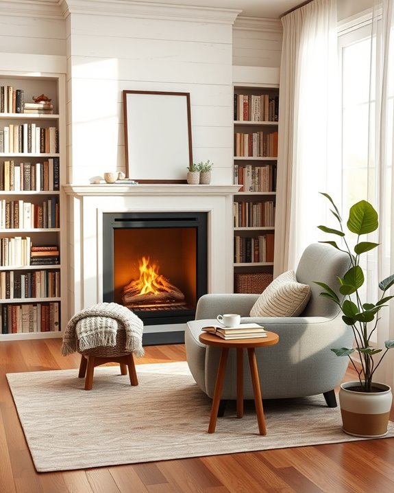 cozy fireplace reading nook