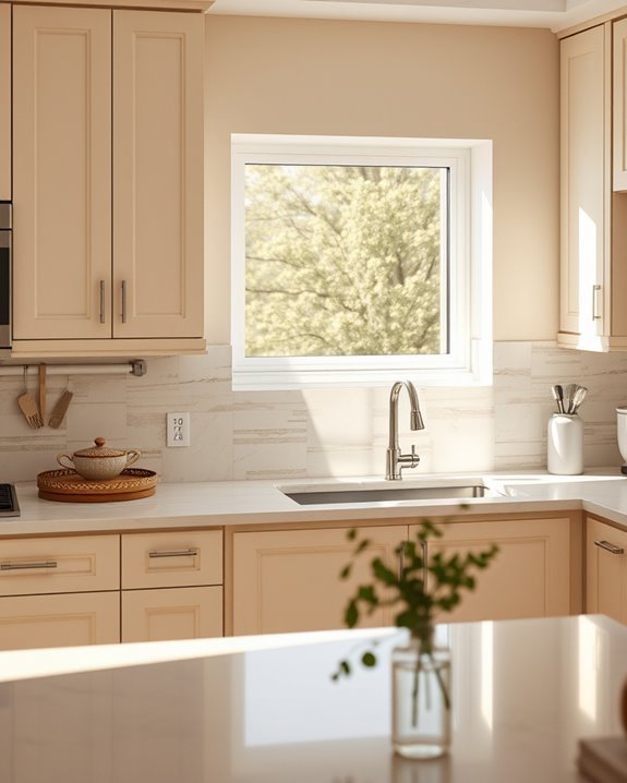 cream cabinets stone backsplash