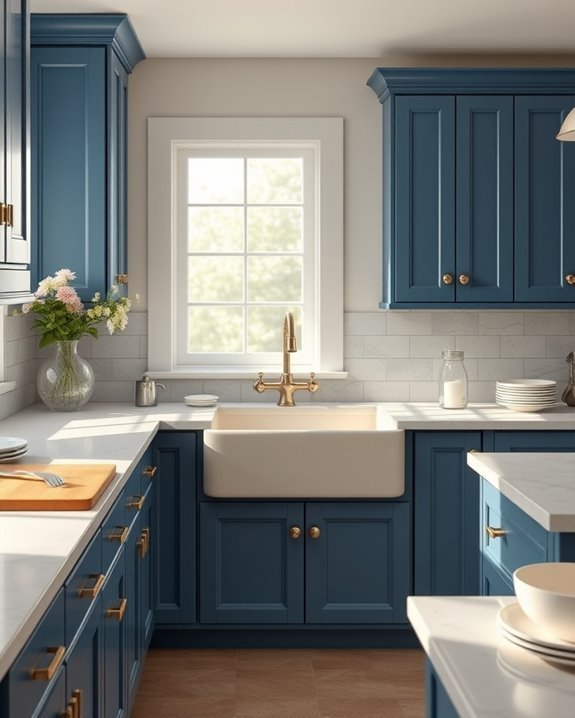 cream sink blue cabinets