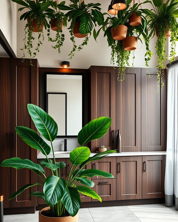 dark cabinets vibrant plants