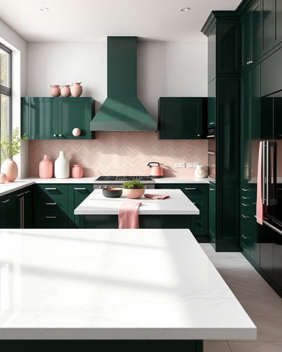 dark green and soft pink
