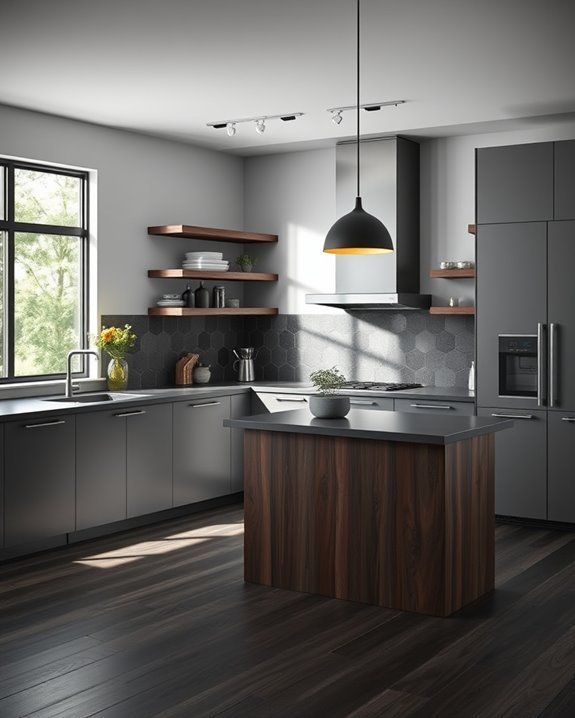 dark wood accents enhance kitchens