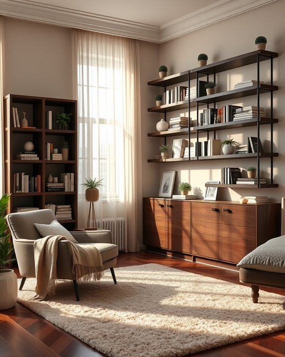 dramatic dark wood shelves