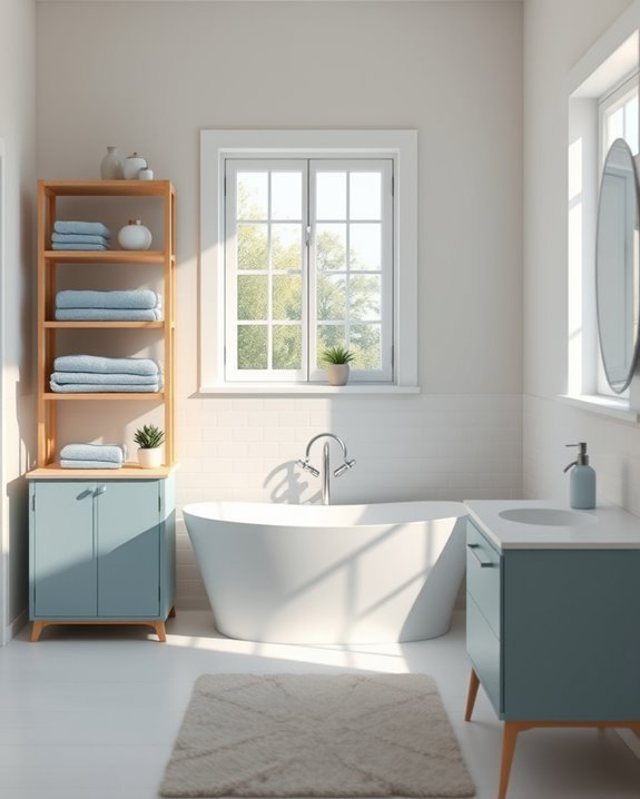 dusty blue bathroom shelving