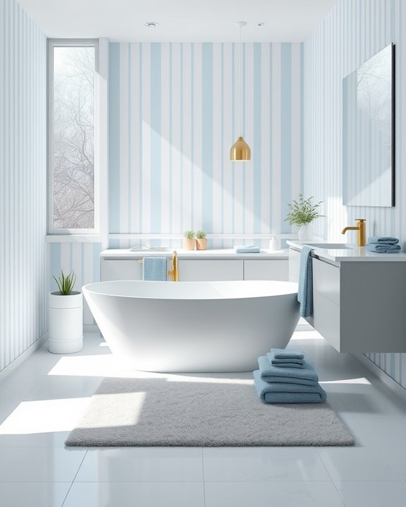 dusty blue striped bathroom