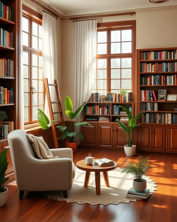 elegant built in bookshelf ladders