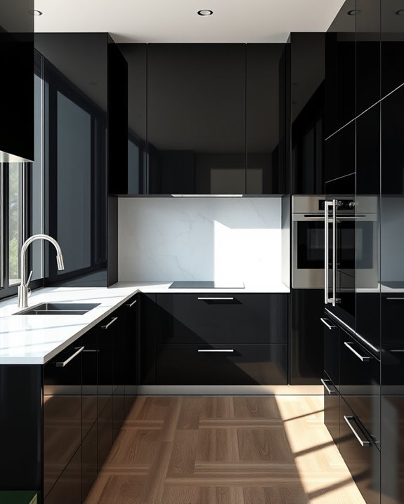 elegant glossy black cabinets