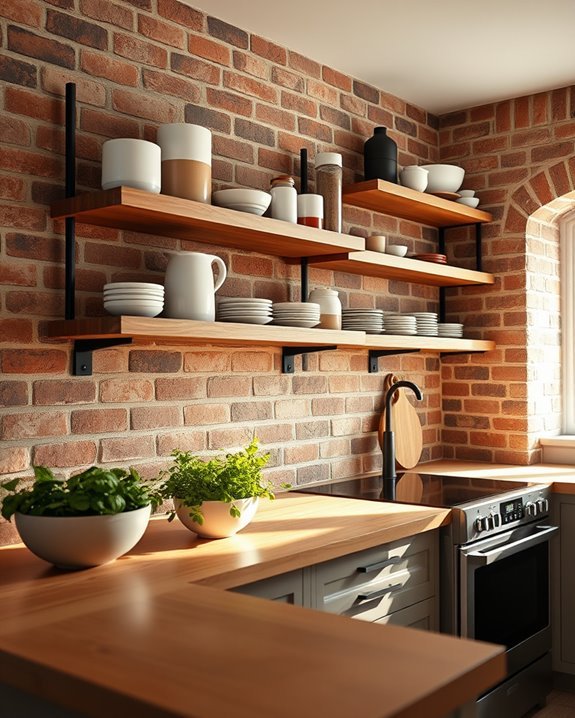 exposed brick open shelving