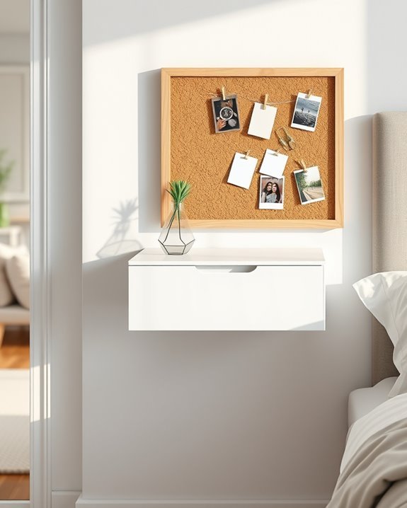 floating nightstand with corkboard