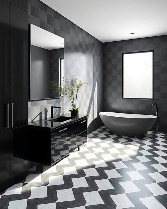 geometric tiles black cabinets