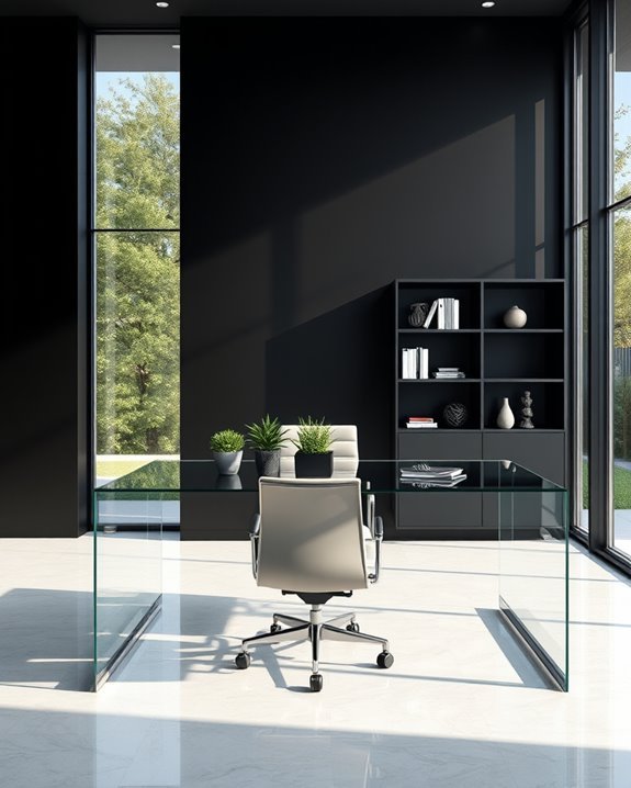 glass accents enhance black walls