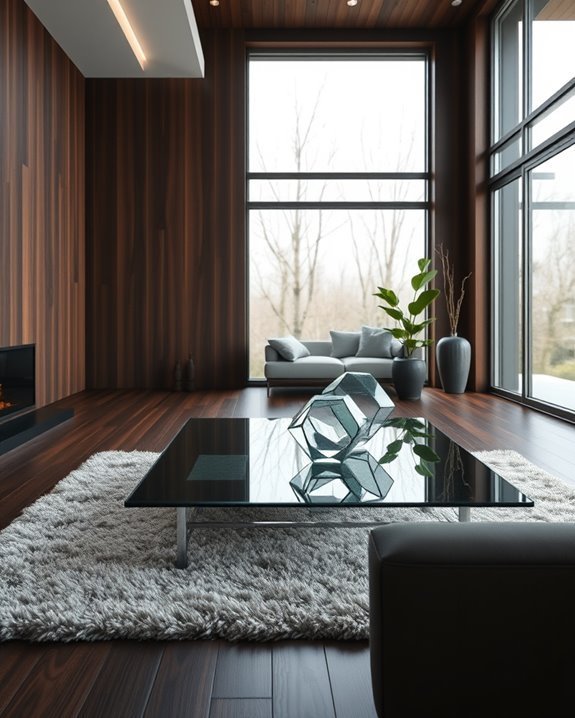 glass accents enhance dark wood