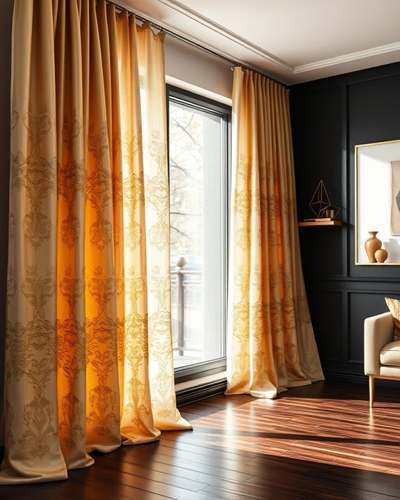 gold accented black window treatments