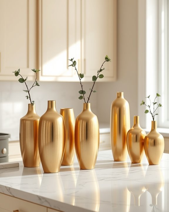 gold vases enhance kitchen decor