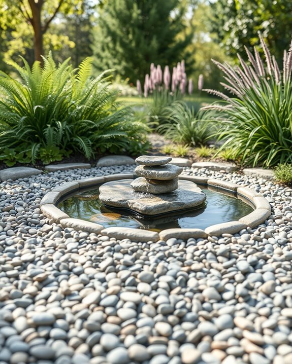 gravel patio with fountain