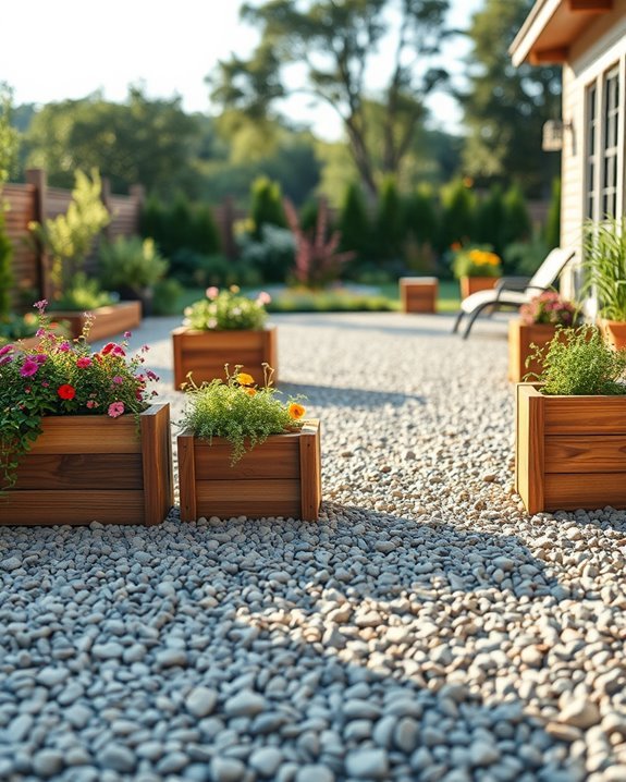 gravel patio with planters