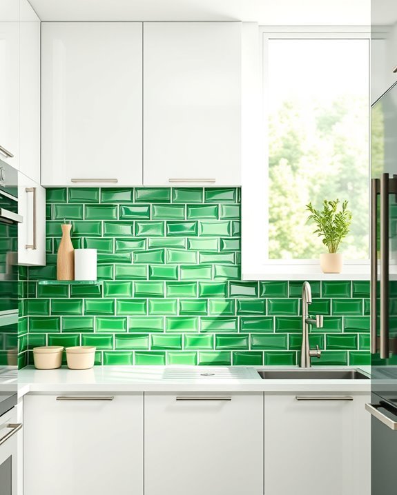 green tiles white cabinets