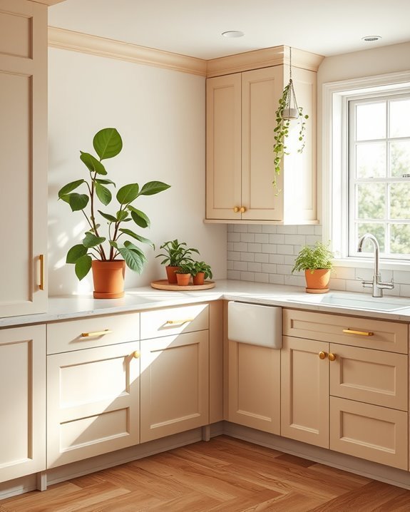 greenery enhances beige kitchen