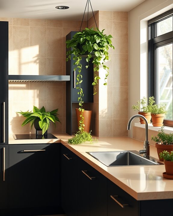greenery enhances neutral kitchens