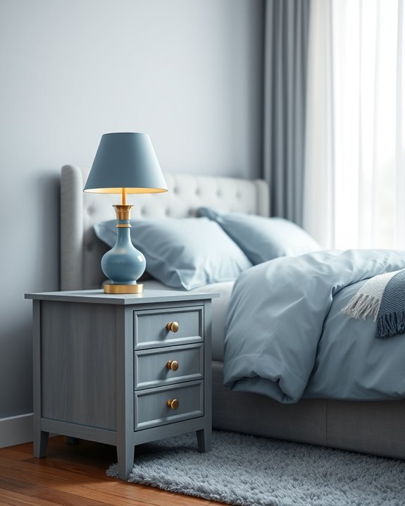 grey nightstands blue lamps