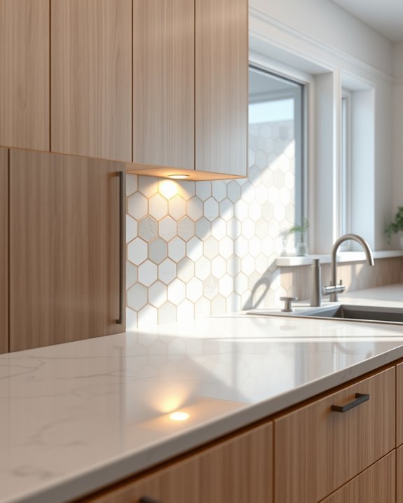 illuminated hexagonal tile backsplash