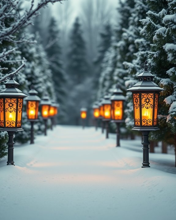 lantern lined snowy pathway