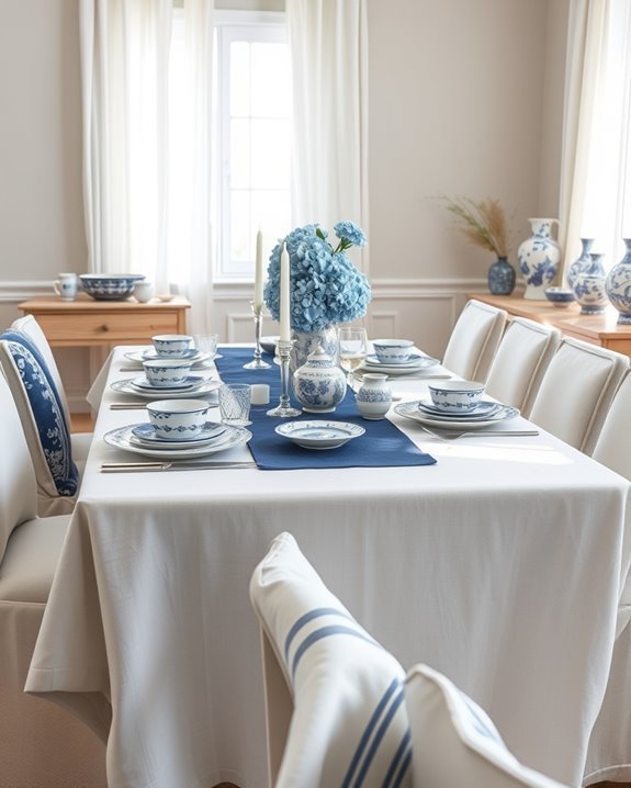 layered blue and white linens