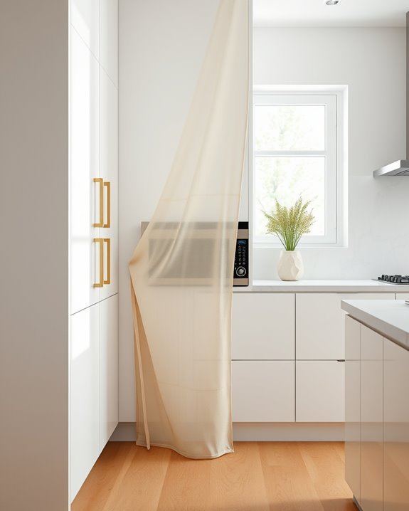 microwave concealed by curtain