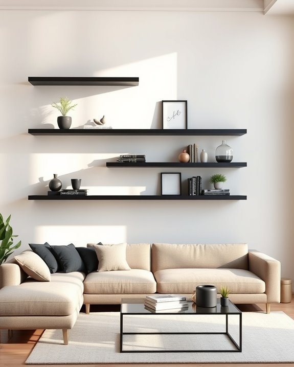 minimalist floating black shelves