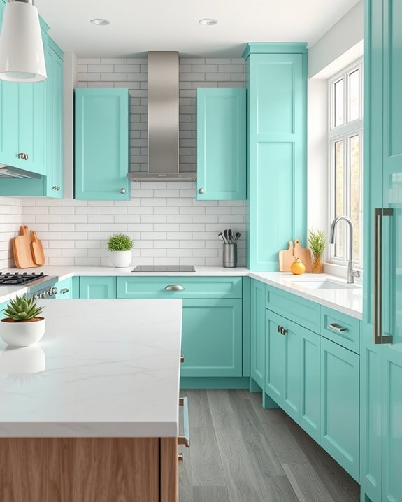 mint cabinets with greenery