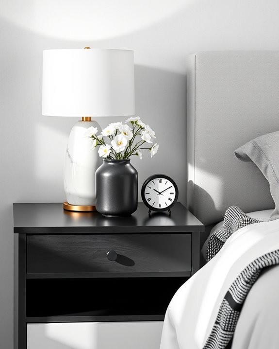 monochrome bedside table decor
