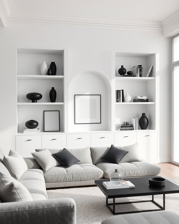 monochrome built in shelves elegance