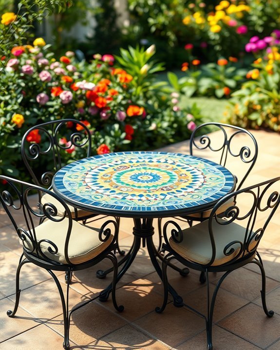 mosaic table iron chairs