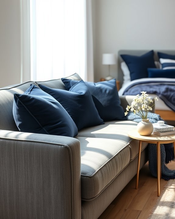navy pillows enhance grey sofa