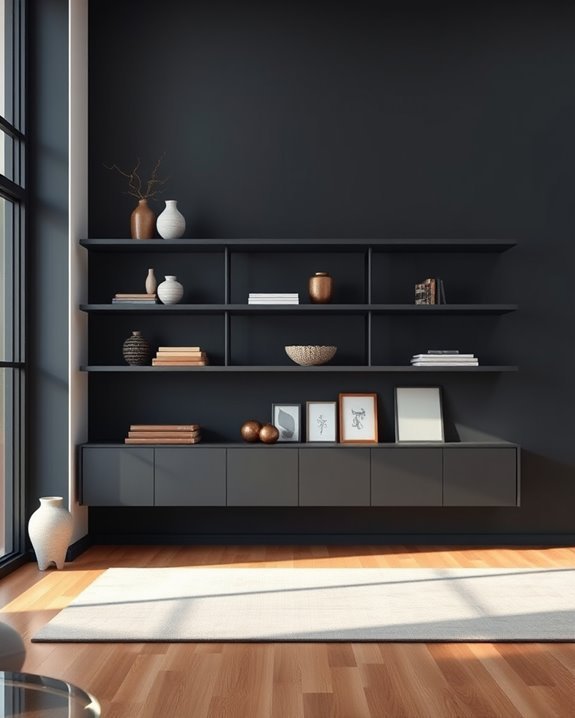 open shelving dark contrast