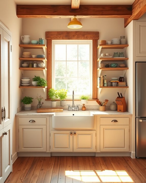 open shelving enhances kitchen charm