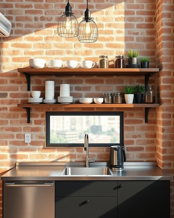 open shelving exposed brick