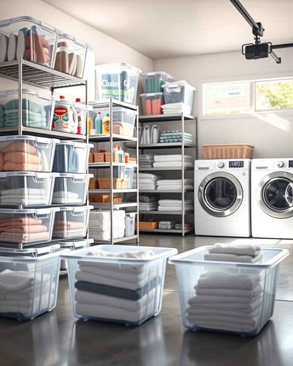 organized laundry with bins