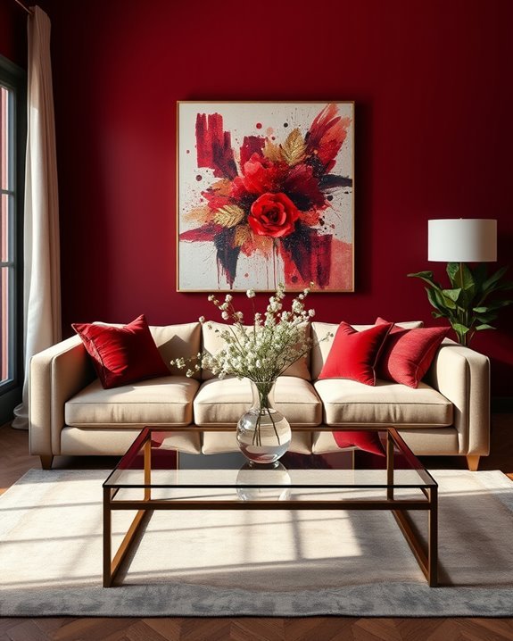 oxblood red living room accents