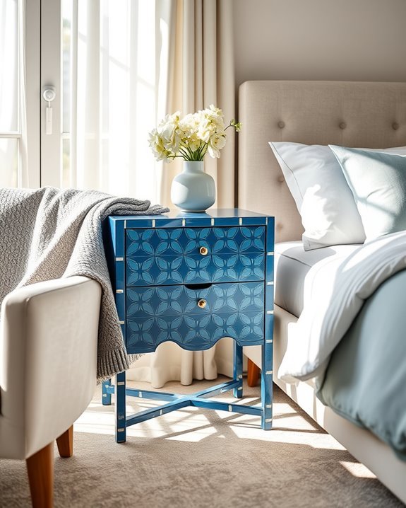 patterned blue bedside tables