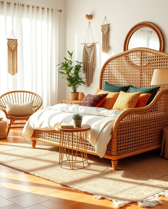 rattan accents enhance bohemian decor