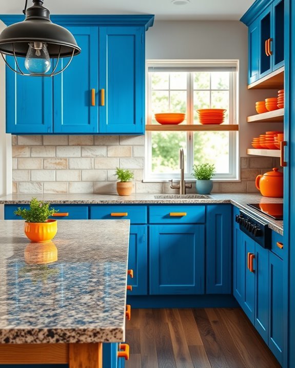 rustic blue orange kitchen contrast