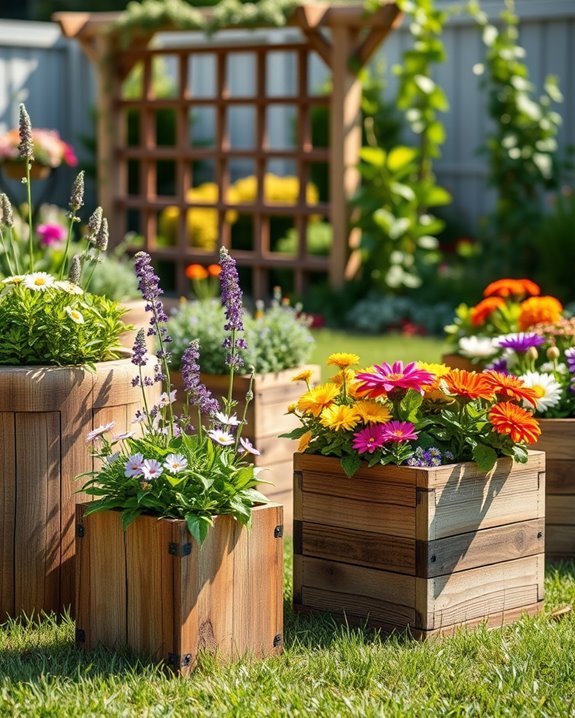rustic wooden planters enhance gardens