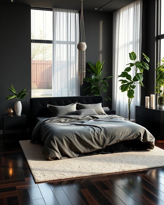 serene black bedroom plants