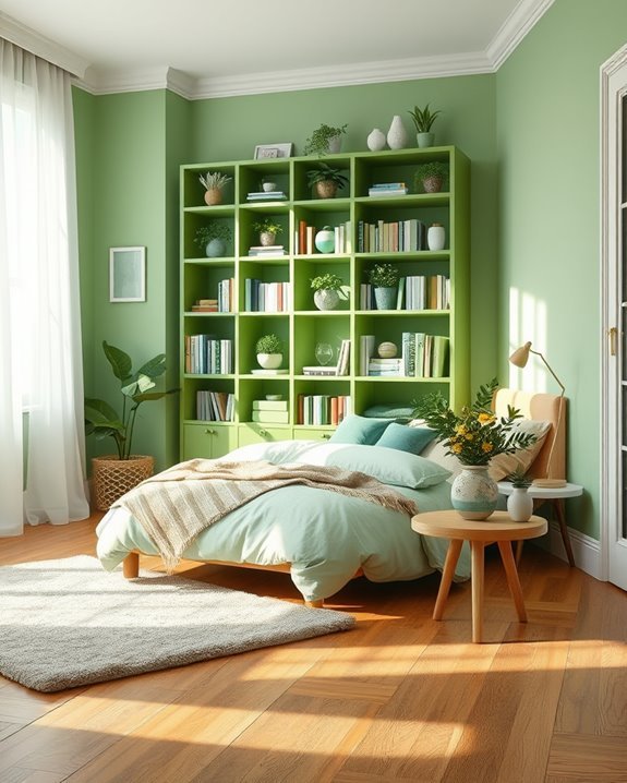 serene green bookshelf decor