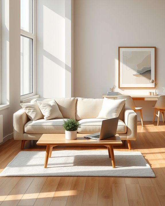 serene neutral sofa workspace
