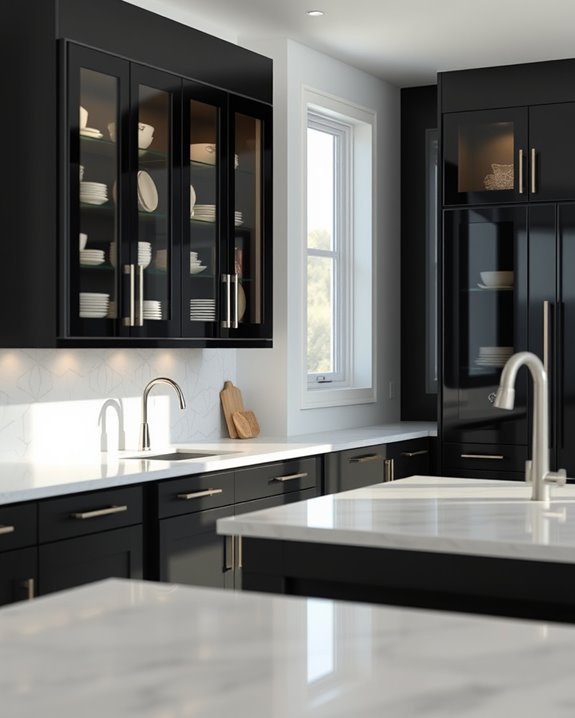 sleek black glass cabinets